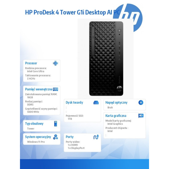 ProDesk 4 Tower G1i Desktop AI PC U7-265 1TB/16/W11P      9H7U8ET 