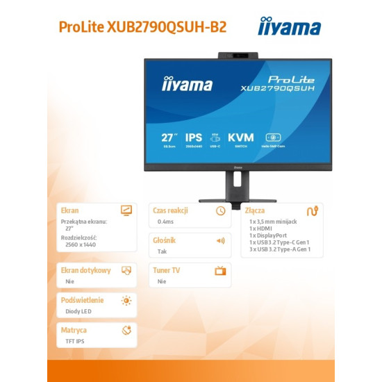 Monitor 27 cali XUB2790QSUH-B2 IPS,QHD,CAM,MIC,HDMI,DP,3xUSB(3.2),  100Hz,ADAPTIVE SYNC,FlickerFree,2x2W,WINDOWS HELLO 