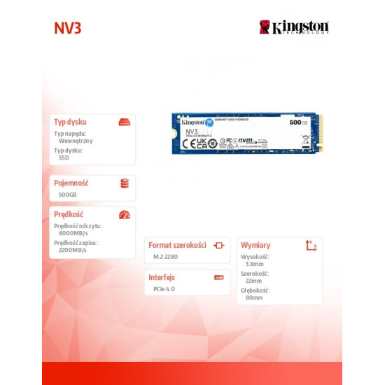 Dysk SSD NV3 500GB M.2 2280 PCI-e 4.0 NVMe 6000/2200 