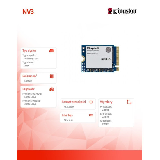 Dysk SSD NV3 500GB M.2 2230 PCI-e 4.0 NVMe 5000/3000