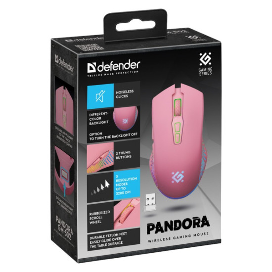 Mysz gamingowa bezprzewodowa PANDORA RF 3200DPI 7P różowa