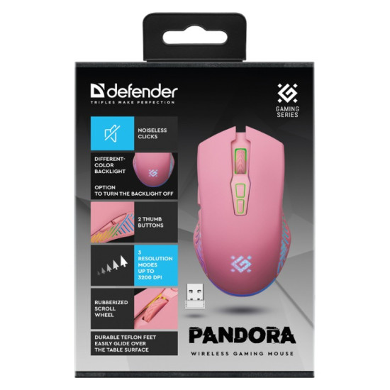Mysz gamingowa bezprzewodowa PANDORA RF 3200DPI 7P różowa