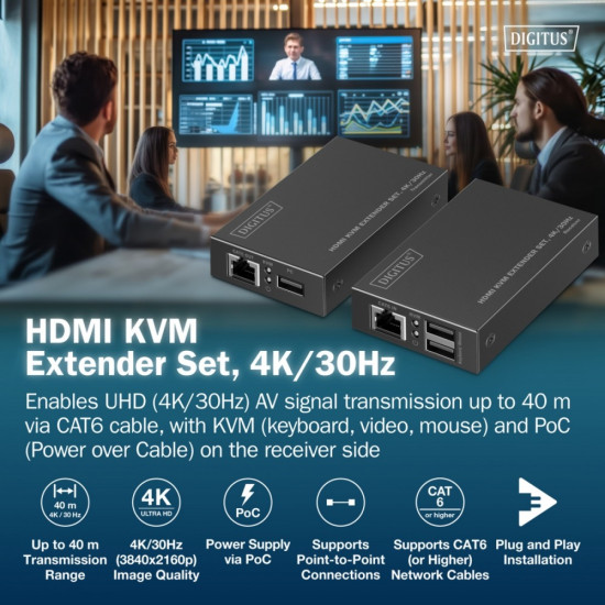 Przedłużacz (extender) po skrętce kat.6 HDMI 4K/30Hz z KVM USB 1.1 do 40m/70m, max. 253 odbiorniki, sterowanie IR - zestaw (odbiornik/nadajnik)