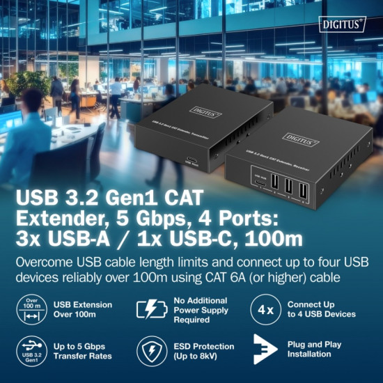 Przedłużacz (extender) po skrętce kat.6A  USB 3.1 Gen1 do 100m, 3x USB-A, 1x USB-C do 5 Gbps, 1x RJ45 (Gigabit Ethernet) - zestaw (odbiornik/nadajnik)