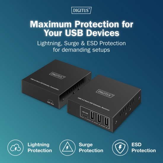 Przedłużacz (extender) po skrętce kat.6A  USB 3.1 Gen1 do 100m, 3x USB-A, 1x USB-C do 5 Gbps, 1x RJ45 (Gigabit Ethernet) - zestaw (odbiornik/nadajnik)