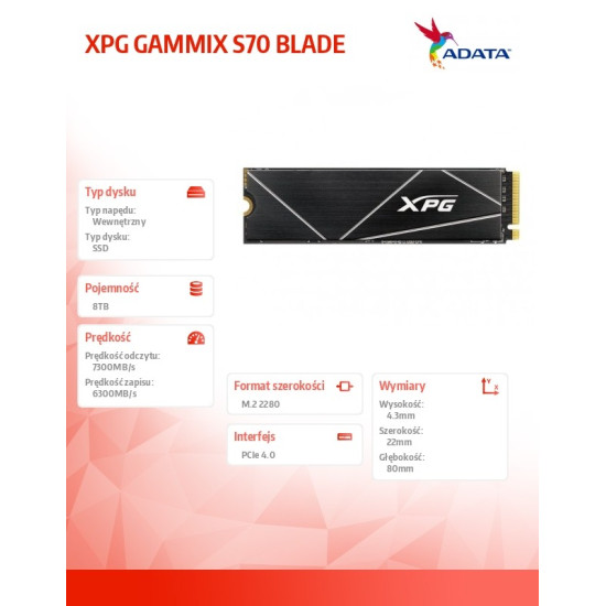 Dysk SSD XPG GAMMIX S70 BLADE 8000GB PCIe 4x4 7.3/6.3MB/s
