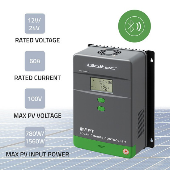 Solarny regulator ładowania MPPT z czujnikiem temperatury 60A |  12V/24V | LCD | Bluetooth | APP | GEL | LiFePO4 