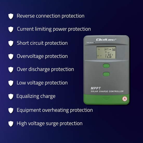 Solarny regulator ładowania MPPT z czujnikiem temperatury 60A |  12V/24V | LCD | Bluetooth | APP | GEL | LiFePO4 
