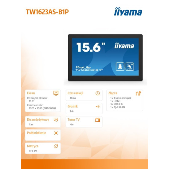 Monitor 16 cali TW1623AS-B3P,10P.DOT.IPS,ANDROID13,WIFI,24/7,RJ45, HDMI,3xUSB,CMS (iiSignage2) 