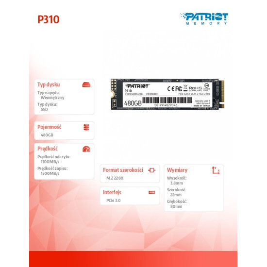 Dysk SSD P310 480GB M.2 2280 1700/1500 PCIe NVMe Gen3 x 4