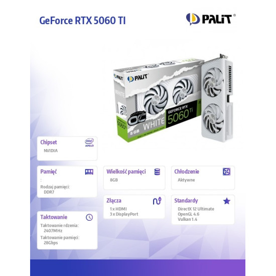 Karta graficzna GeForce RTX 5060 TI WHITE OC 8GB GDDR7 128bit 3DP/HDMI