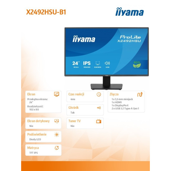 Monitor 24 cale X2492HSU-B1 IPS,FHD,HDMI,DP,120Hz,300cd,4ms,USB HUBx2cienkie ramki, 1500:1, ErP B