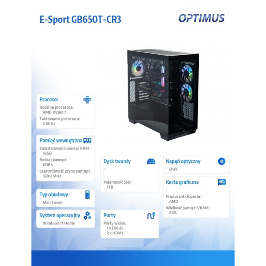 Komputer E-Sport GB550T-CR9 Ryzen 7 5800X/16GB/1TB/RX 9060 XT 8GB/W11H