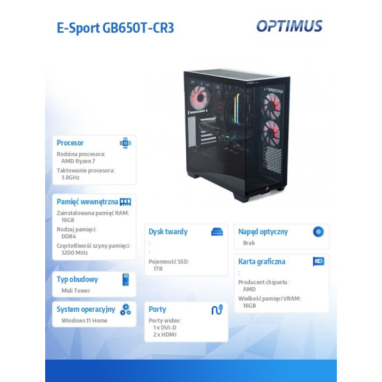 Komputer E-Sport GB550T-CR10 Ryzen 7 5800X/16GB/1TB/RX 9060 XT 16GB/W11H