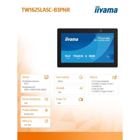 Monitor 16 cali TW1625LASC-B3PNR ANDROID 14,FHD,10PKT,450cd,2x2W,    4xUSB, 1xUSB-C,RJ45, MIC, RK3567, 4/32GB, LED lightbar, iiSign2, NFC, 24/7 