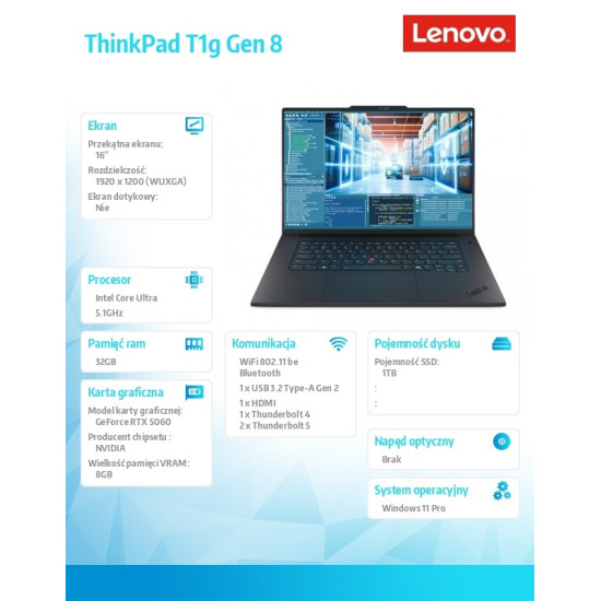 Ultrabook ThinkPad T1G G8 21TD0002PB  W11Pro Ultra 7 255H/32GB/1TB/RTX 5060 8GB/16.0 WUXGA/Black/3YR Premier NBD + 3YRS Ci + CO Offset 