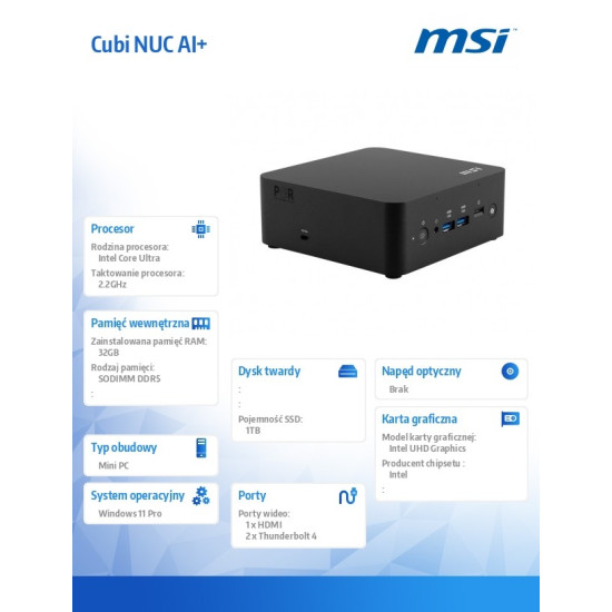 Mini PC Cubi NUC AI+ 2MG-001EU WIN11PRO/ICU7 258V/32G/1T/WiFI/BT/czarny