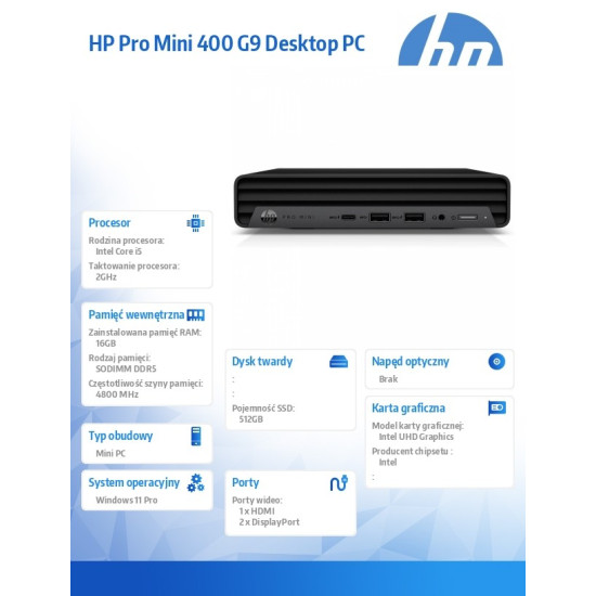 Komputer Pro Mini 400 G9 i5-12500T 512GB/16GB/W11P      BY7F0ET
