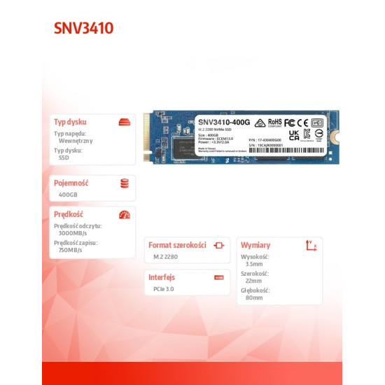 Dysk SSD SATA 400GB M2 2280 SNV3410-400G