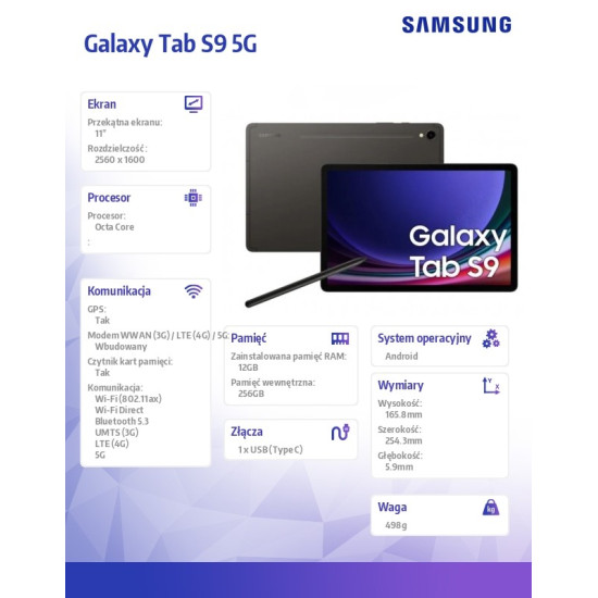 Tablet Galaxy Tab S9 X716 5G 11 cali 12/256 GB szary