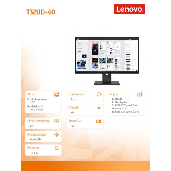 Monitor ThinkVision T32UD-40 31.5 cala 64B0GAT1EU
