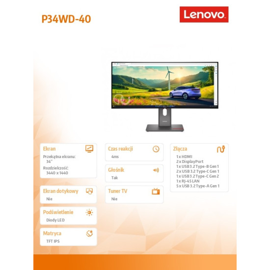 Monitor ThinkVision P34WD-40 34 cale 64ADGAT1EU