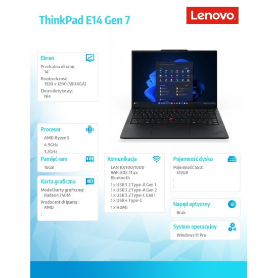 Laptop ThinkPad E14 G7 W11Pro 21T0004TPB  5 220/16GB/512GB/INT/14.0 WUXGA/Black/3YRS OS + 1YR Premier + CO2 Offset 