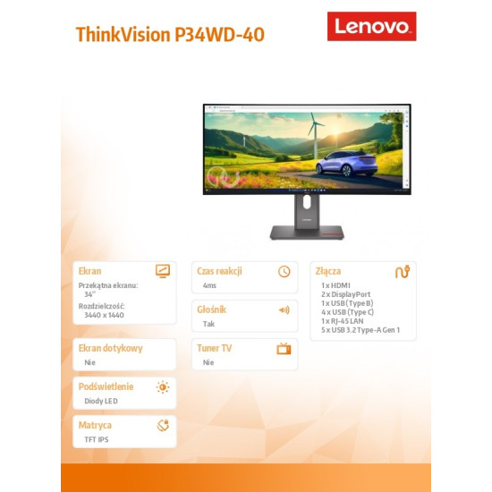 Monitor ThinkVision P34WD-40 34 cale 64ADZAT1EU 