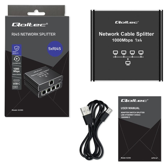 Rozdzielacz splitter Ethernet  mini SWITCH 1x4 RJ45 | 1000Mb/s | USB-C | Aluminium 