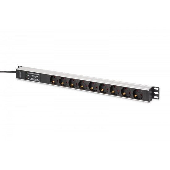 Listwa zasilająca PDU Rack (620mm) z zabezpieczeniem przeciwprzepięciowym + filtr EMI/RFI, 9 gniazd Schuko CEE 7/3 (45°), kabel 2m wtyk Unischuko CEE 