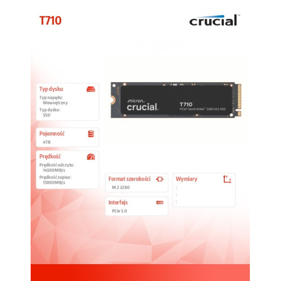 Dysk SSD T710  4TB M.2 NVMe 2280 PCIe 5.0 14500/13800 radiator 
