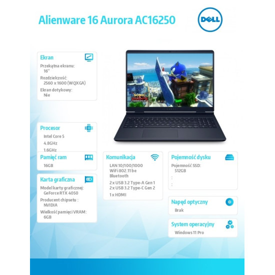 Notebook Alienware 16 Aurora AC16250 Win 11 Pro C5 210H/16GB/512GB SSD/16.0 WQXGA/GeForce RTX 4050/WLAN + BT/Backlit Kb/3 Cell/3Y Alienware Care