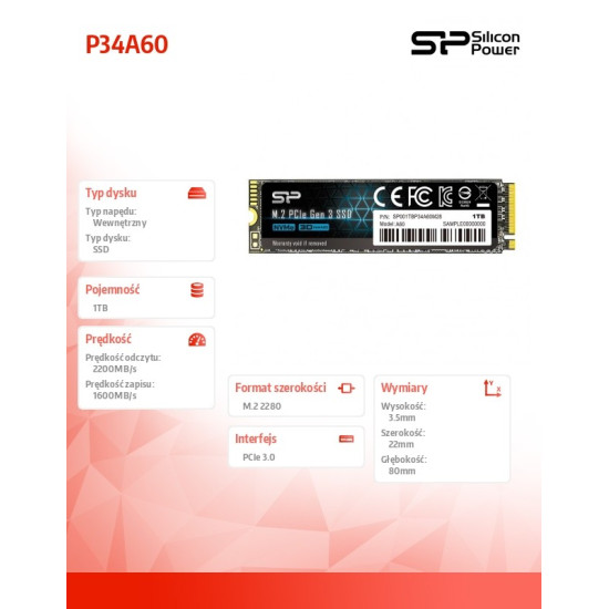 Dysk SSD A60 1TB PCIE M.2 NVMe 2200/1600 MB/s 