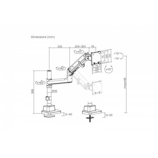 Ramię biurkowe pojedyncze z zaciskiem i sprężyną gazową 1x LCD max. 57