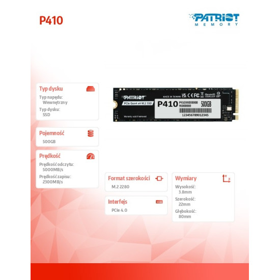 Dysk SSD 500GB P410 PCIe M.2 Gen4 x4 NVMe 1.4 2280 5000/2300MB/s 