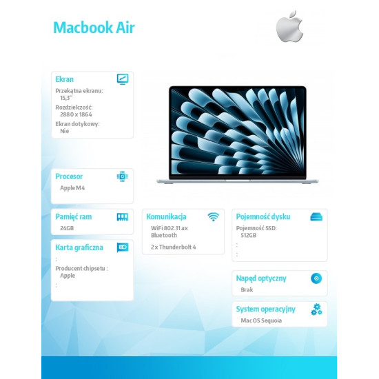 MacBook Air 15.3 cala: M4 10/10, 24GB, 512GB - Błękitny