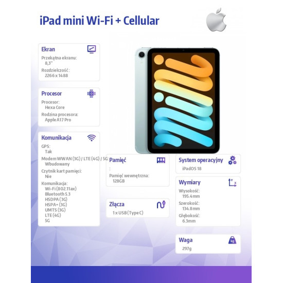 iPad mini Wi-Fi + Cellular 128GB Niebieski