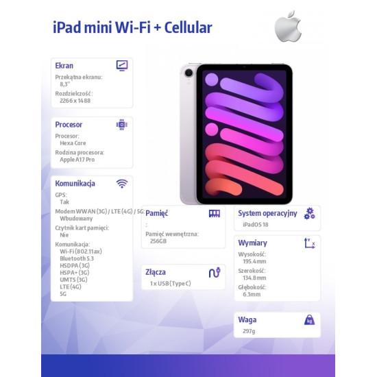 iPad mini Wi-Fi + Cellular 256GB Fioletowy