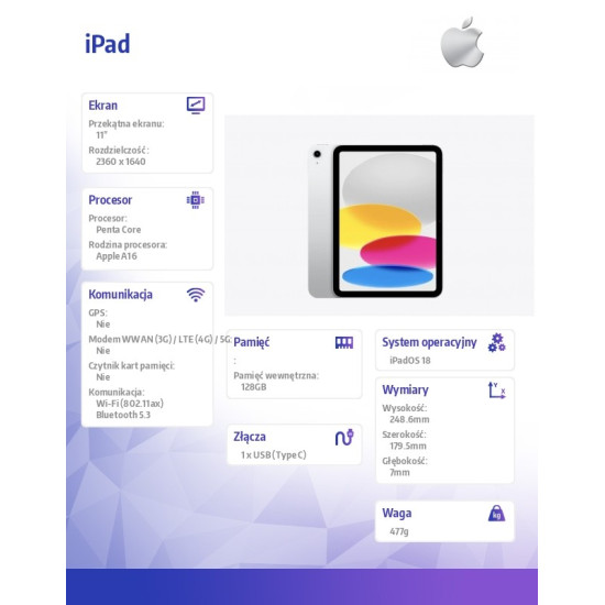 iPad WiFi 11 cali 128GB Srebrny