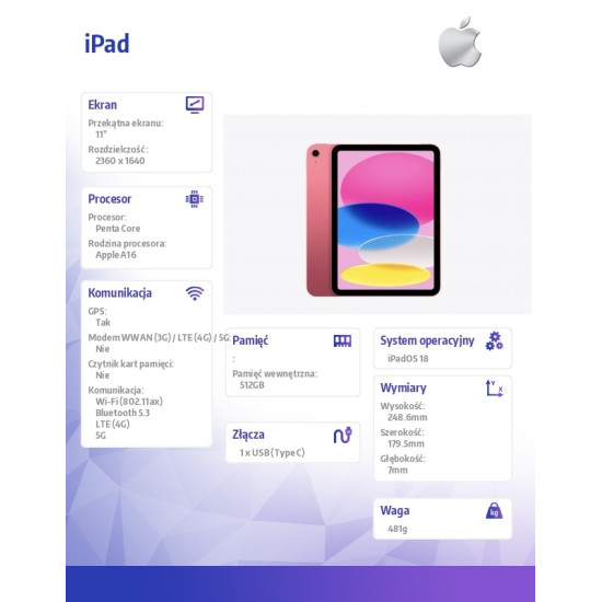 iPad WiFi + Cellular 11 cali 512 GB Różowy