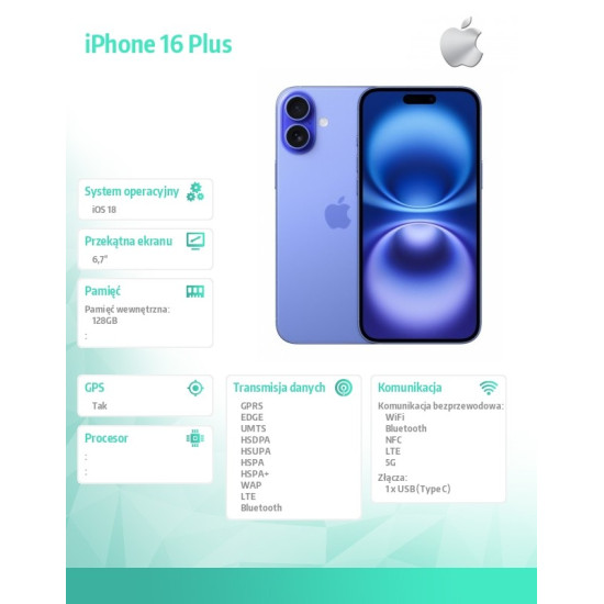 iPhone 16 Plus 128GB - Ultramaryna