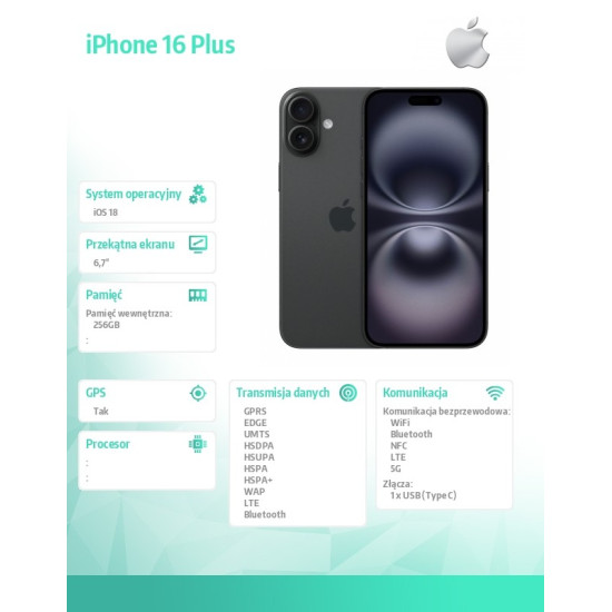 iPhone 16 Plus 256GB - Czarny