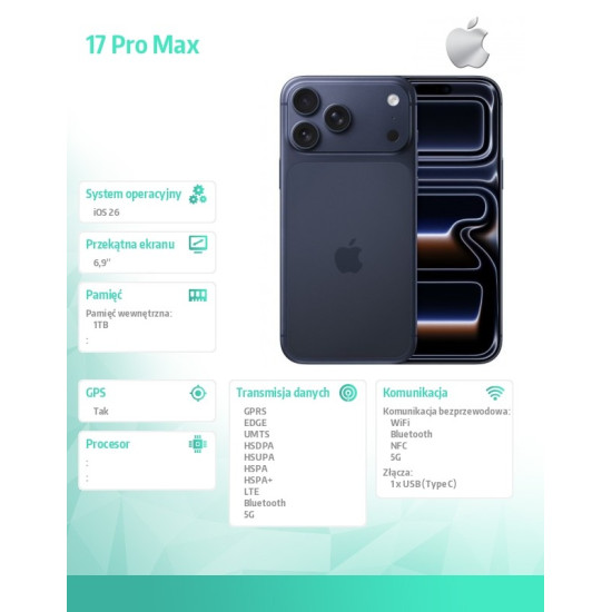 iPhone 17 PRO MAX Głębinowy błękit 1TB