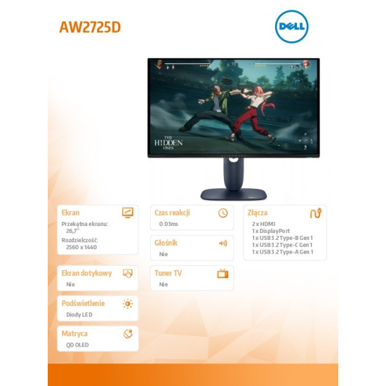 Monitor AW2725D 27 cali NVIDIA G-SYNC Ultimate & AMD FreeSync Premium Pro 360Hz QHD (2560x1440)/16:9/DP/HDMI/USB 3.2/3Y AES&PPE
