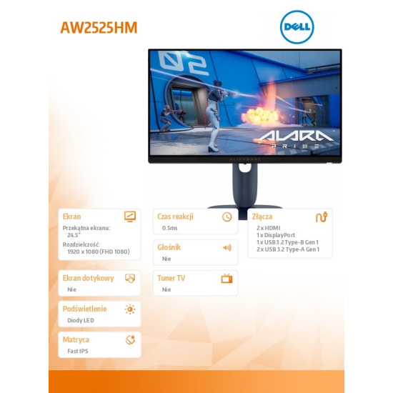 Monitor AW2525HM 24.5 AMD FreeSync Premium & NVIDIA G-SYNC Compatible 320Hz Full HD (1920x1080)/16:9/DP/2xHDMI/USB 3.2/3Y AES&PPE