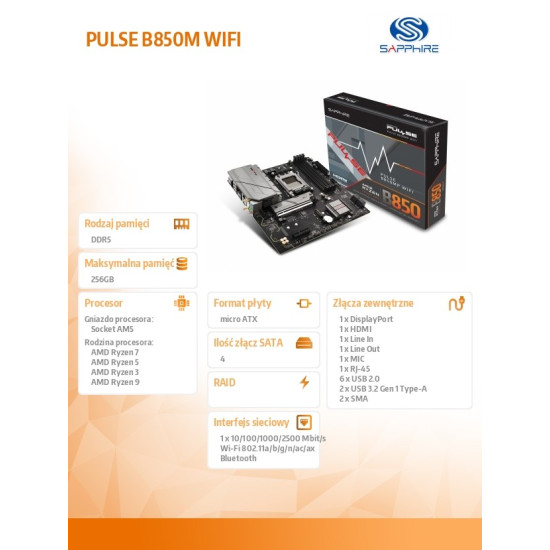 Płyta główna PULSE B850M WIFI AM5 4DDR5 mATX 