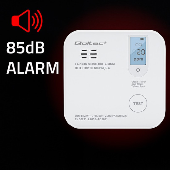 Czujnik tlenku węgla z baterią | alarm 85dB | LED 