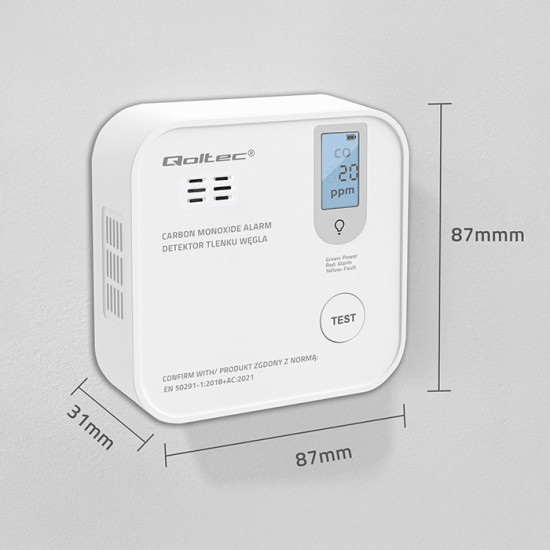 Czujnik tlenku węgla z baterią | alarm 85dB | LED 