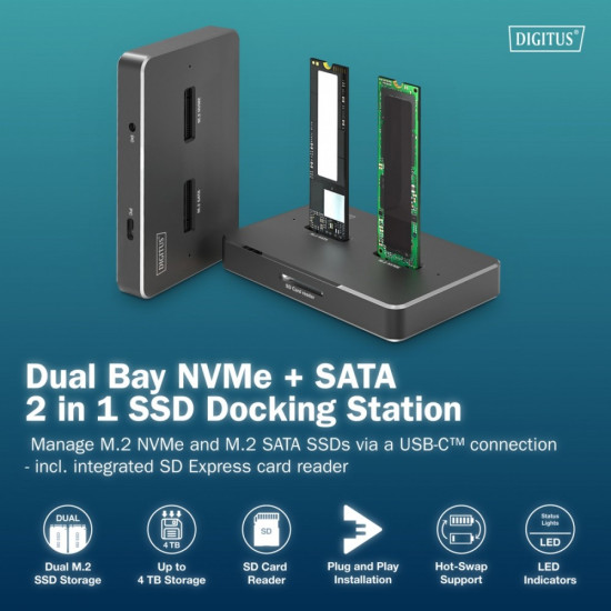 Stacja dokująca USB-C 3.2 Gen2 dla dysków SSD M.2 Duo NVMe oraz SATA (max. 2x 4 TB) z czytnikiem kart SD-Express 7.1 (max. 2 TB), czarna