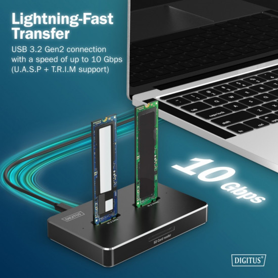 Stacja dokująca USB-C 3.2 Gen2 dla dysków SSD M.2 Duo NVMe oraz SATA (max. 2x 4 TB) z czytnikiem kart SD-Express 7.1 (max. 2 TB), czarna